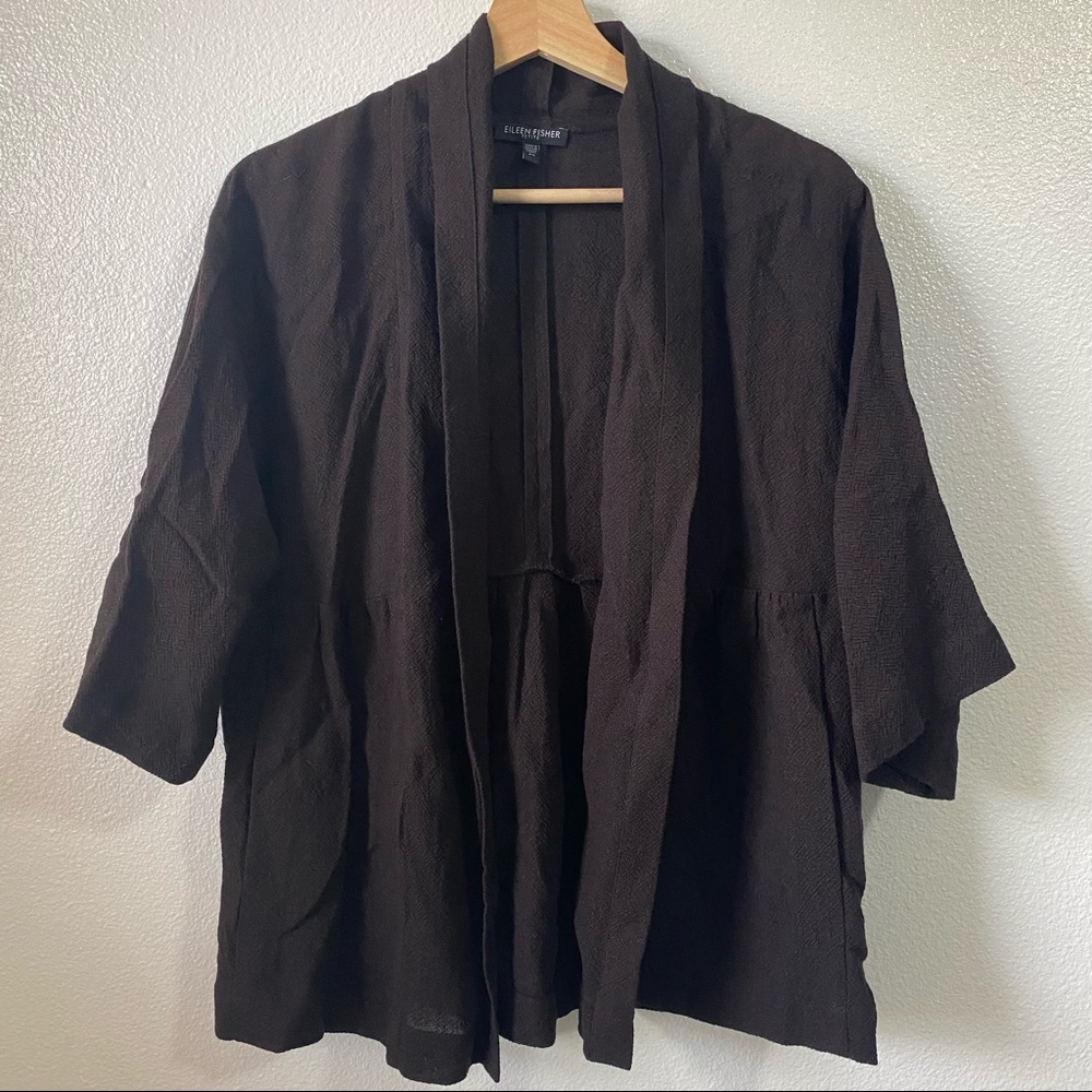 Eileen Fisher Brown Linen Blend Open Cardigan Sweater 3/4 Sleeve Small Petite PS
